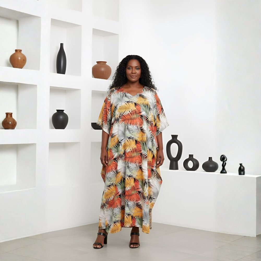 Women Multicolor Polyester Leaf Printed Kaftan Maxi Dress for Party Wear Gown